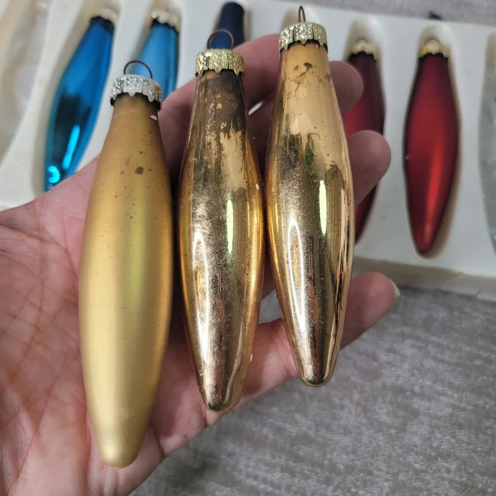 Vintage Glass Christmas Ornaments Teardrop Torpedo Jewel Tone Mixed Set of 9